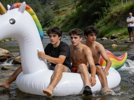 Tres jóvenes cruzan el río Deba en un unicornio hinchable Español.News