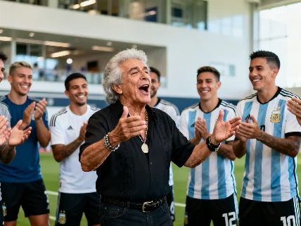 Visita del músico al campamento de la selección de Argentina en Kansas City antes del partido contra Argelia