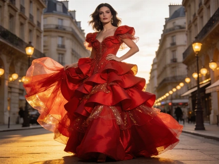 Nieves Álvarez impacta en París con un vestido español de 400 metros de seda
