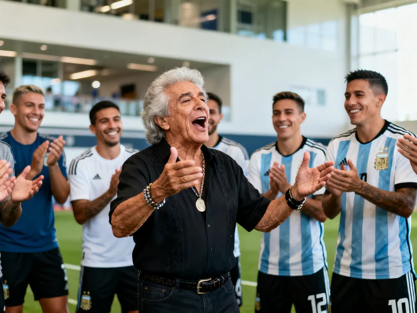 Visita del músico al campamento de la selección de Argentina en Kansas City antes del partido contra Argelia Español.News