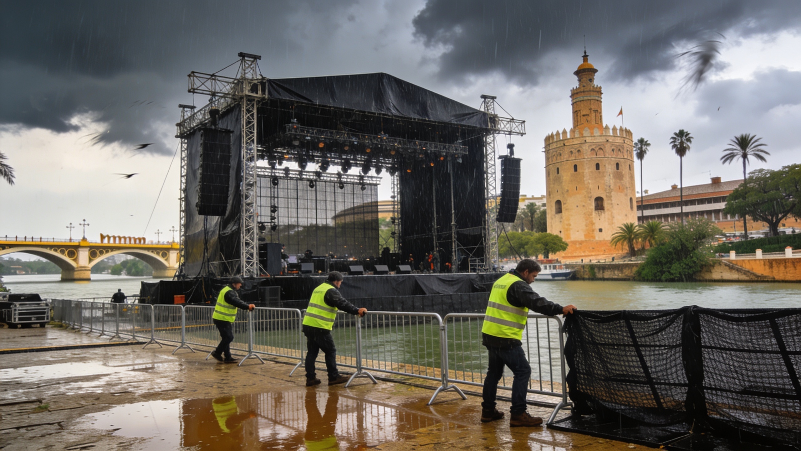 El escenario junto al río en Sevilla refuerza su estructura por mal tiempo antes del concierto de Rosalía Español.News