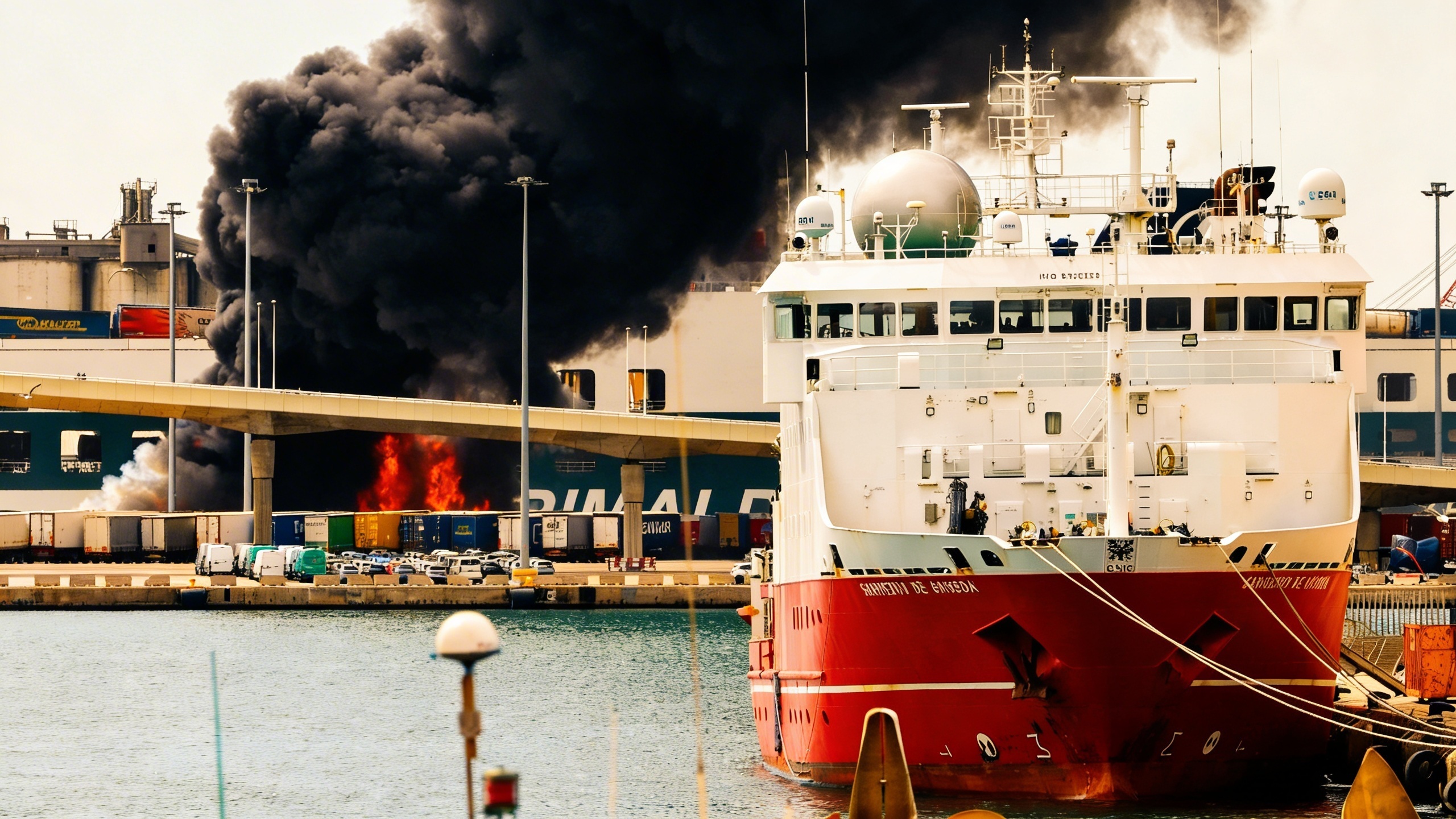 Incendio en aparcamiento de vehículos junto a la terminal del puerto de Barcelona Español.News