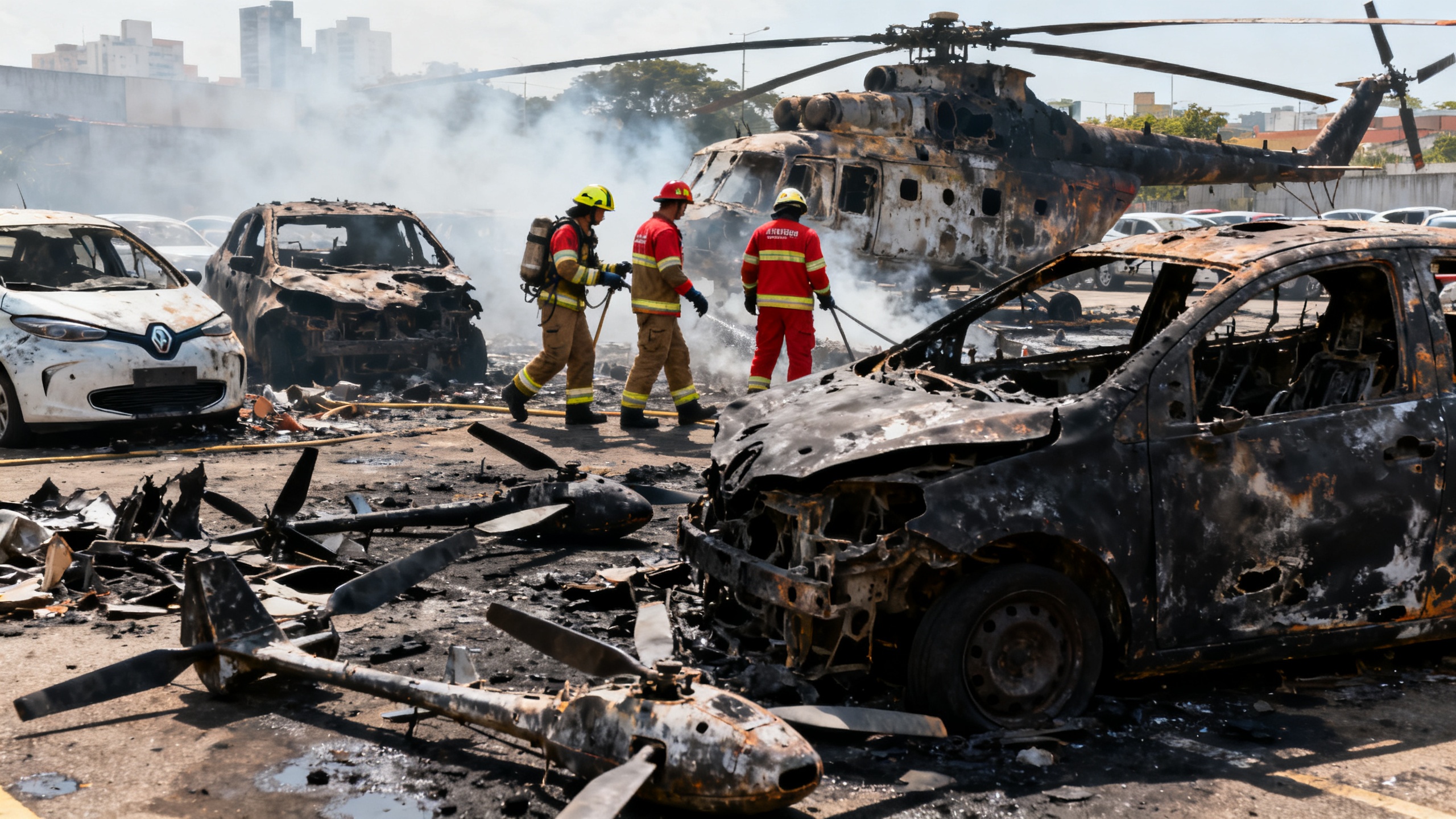 Incendio en un concesionario de autos tras el choque de helicópteros en el oeste de Río Español.News