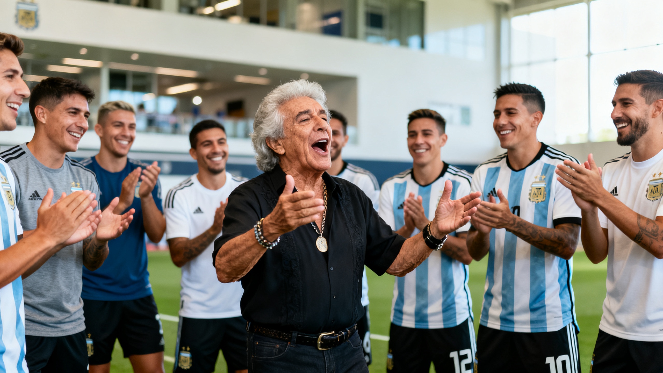 Visita del músico al campamento de la selección de Argentina en Kansas City antes del partido contra Argelia Español.News